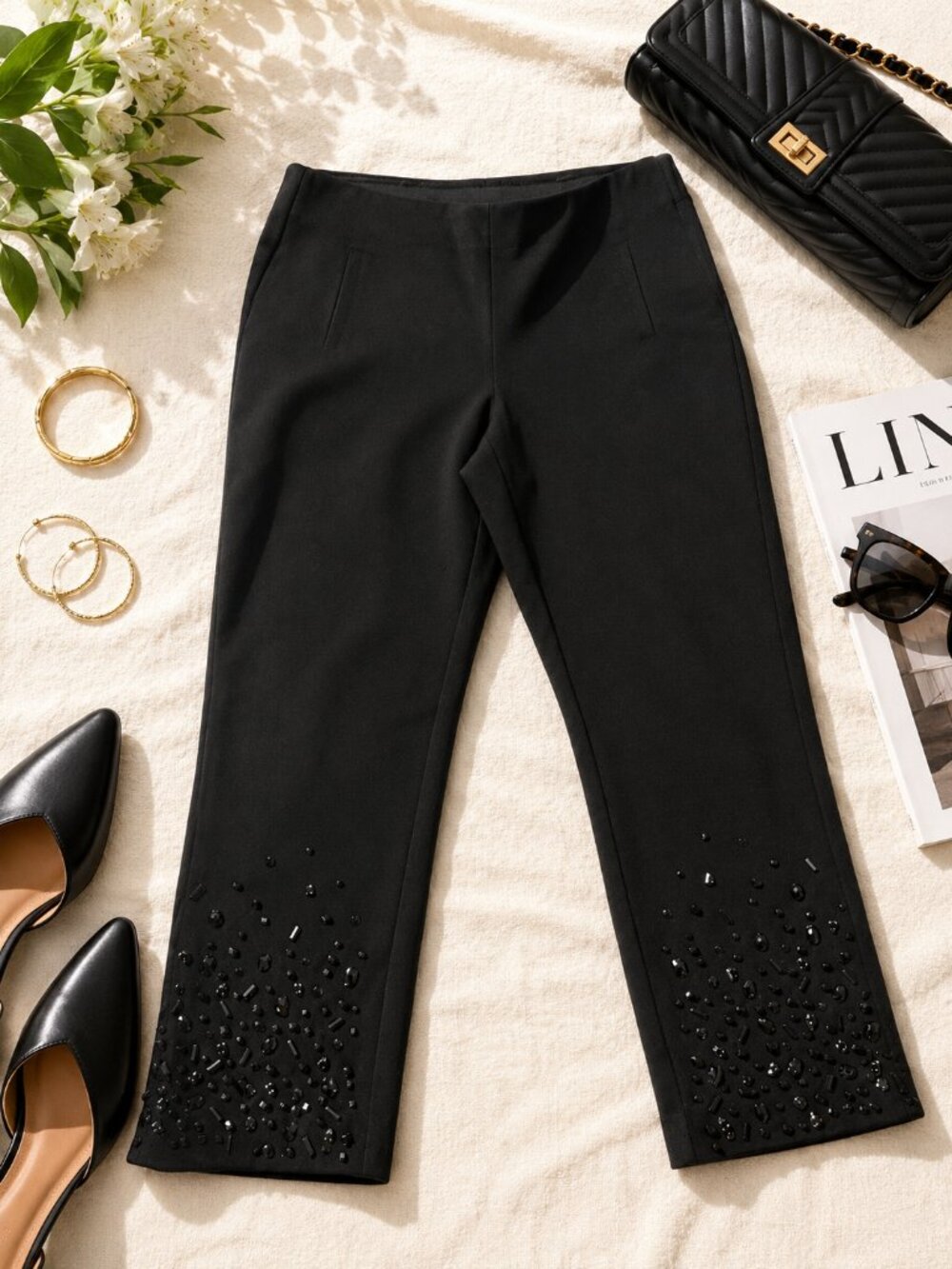 Chico’s Black Beaded Hem Pull On Pants Quiet Luxury U.S. Size 12 / Chicos Size 2